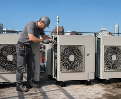 HVAC technician installing rooftop air conditioning units