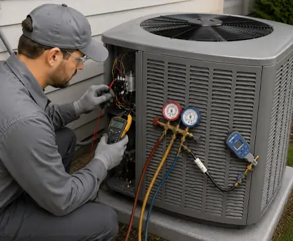 HVAC technician repairing an outdoor air conditioning unit